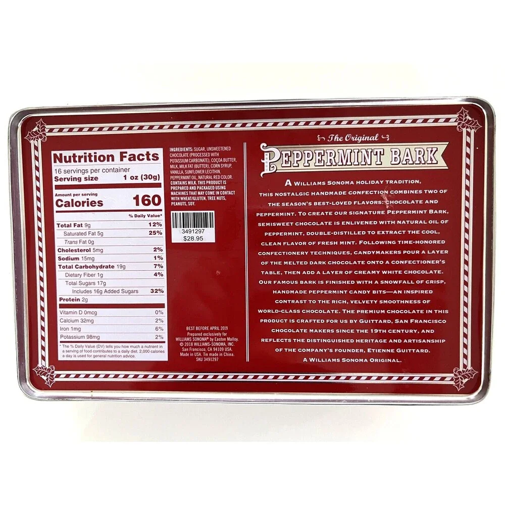 William Sonoma Peppermint Bark Tin with Lid Storage Christmas Collectible